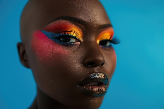 Fotografía de una mujer negra calva con un aspecto de maquillaje audaz y artístico en el fondo azul del estudio