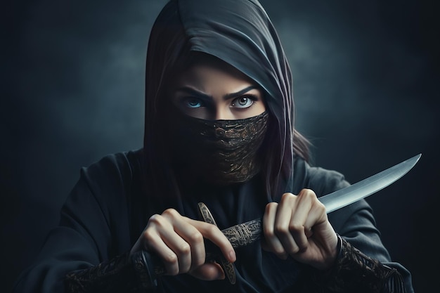 Fotografía de mujer ninja con espada sobre fondo gris.