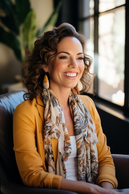 Fotografía de una mujer sonriente con el cabello rizado con una chaqueta amarilla y una bufanda floral