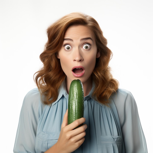 Fotografía de una mujer sorprendida sosteniendo un pepino verde largo.