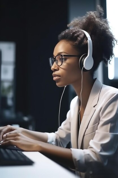 Fotografía de una mujer usando un auricular mientras está sentada frente a su computadora creada con IA generativa