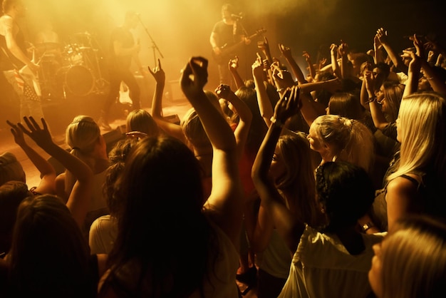 Fotografía de una multitud bailando en un concierto de rock. Este concierto se creó con el único propósito de esta sesión de fotos con 300 modelos y 3 bandas en vivo. Todas las personas en esta sesión tienen autorización de modelo.