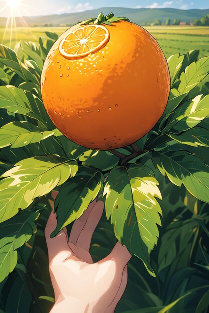 Foto fotografía de una naranja unida a una tierra agrícola con un fondo borroso