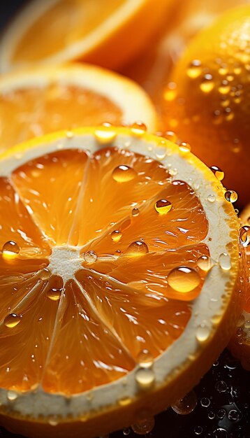 Una fotografía de naranjas frescas con salpicaduras de agua cinematográficas