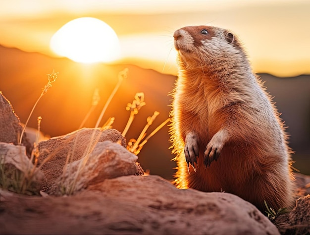 Fotografía de naturaleza de marmota al estilo de destello de lente.