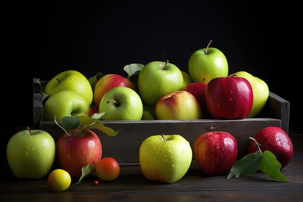 Fotografía de naturaleza muerta de diferentes tipos de manzanas creadas con IA generativa
