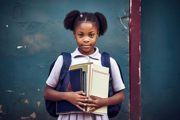 Fotografía de una niña con dos libros y su bolsa escolar creada con IA generativa