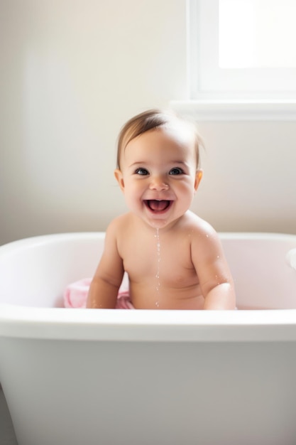 Fotografía de una niña feliz sentada en la bañera creada con IA generativa