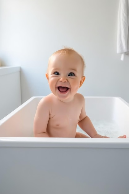 Fotografía de una niña feliz sentada en la bañera creada con IA generativa