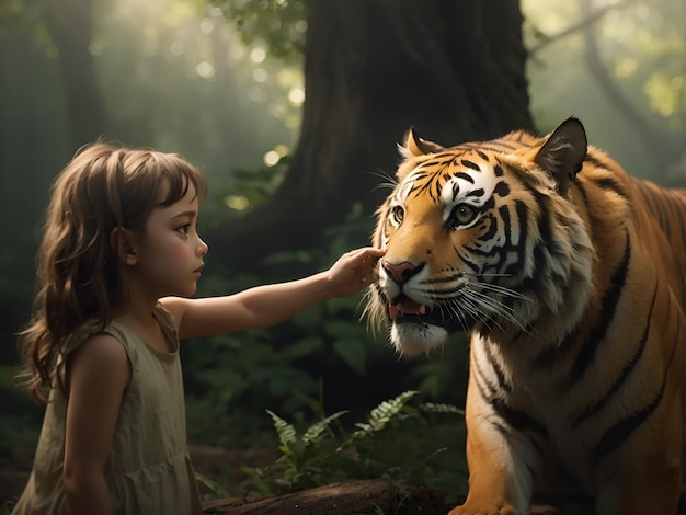 Foto fotografía de una niña intrépida con un tigre rugiente