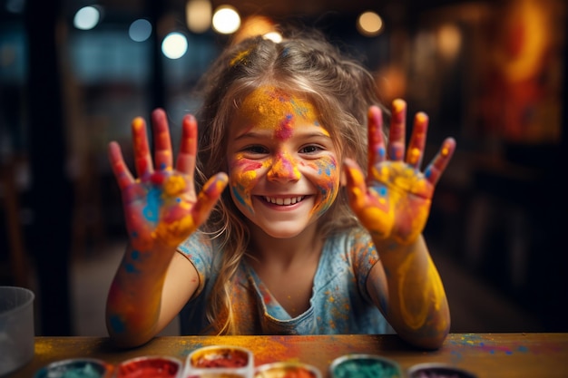 Fotografía de una niña jugando con colores de pintura en las manos.