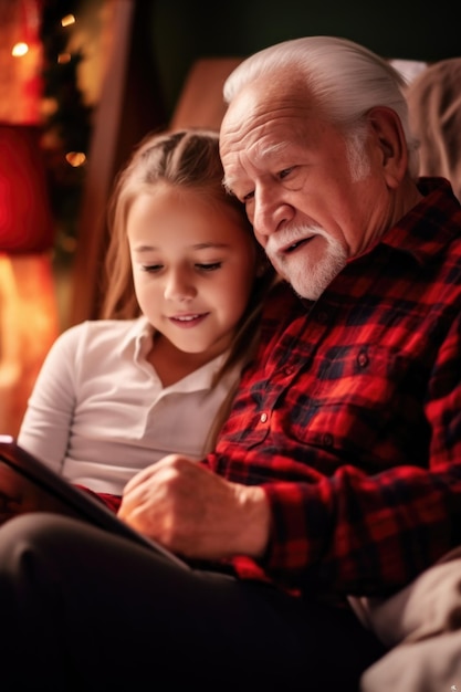 Foto fotografía de una niña pequeña y su abuelo usando una tableta digital juntos en navidad