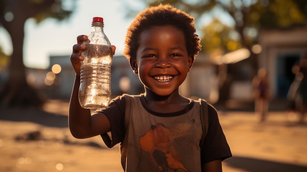 Fotografía de un niño africano extremadamente feliz con una botella de agua en la mano