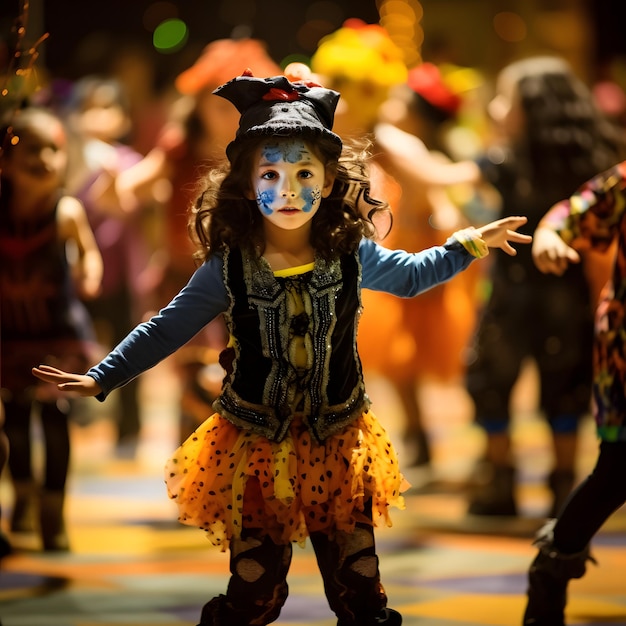Fotografía de niños participando en un colorido y enérgico baile con temática de Halloween.