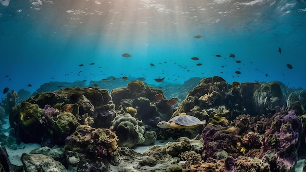 Fotografía a nivel de la superficie del agua de rocas y arrecifes en el mar en un día soleado