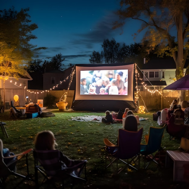 Fotografía de una noche de cine al aire libre con temática de Halloween y familias reunidas alrededor de una pantalla gigante.