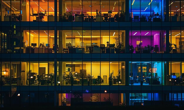 Fotografía nocturna de un edificio de oficinas con luces vibrantes