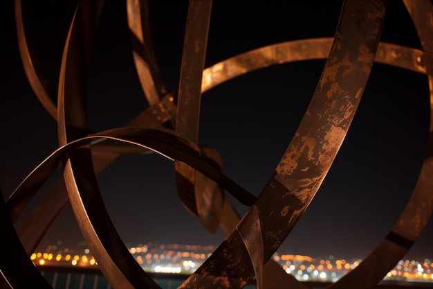 Fotografía nocturna de una escultura metálica con luces de la ciudad detrás