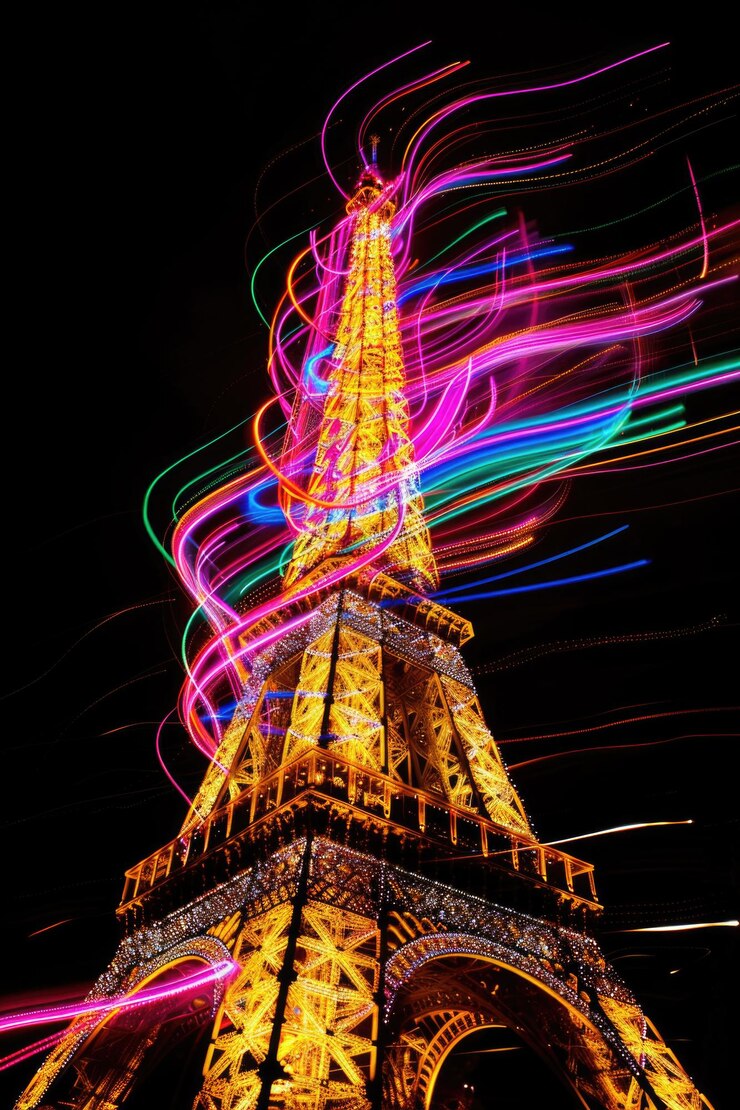 Foto fotografía nocturna de la torre eiffel con luces de la ciudad reflejadas en el agua tomada con técnica de larga exposición
