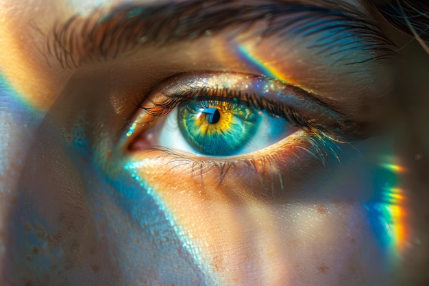 Fotografía de ojo macro que captura los reflejos del arco iris