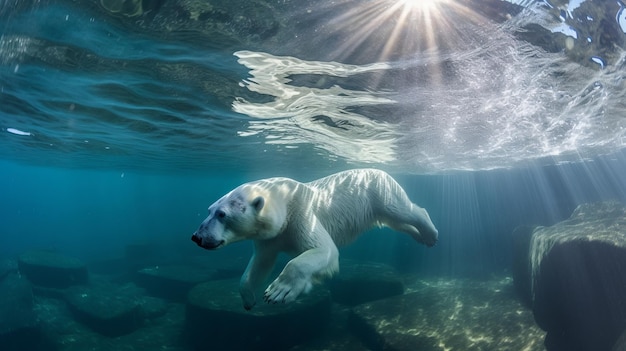 Fotografía de un oso polar nadando bajo el agua en el océano Ártico.