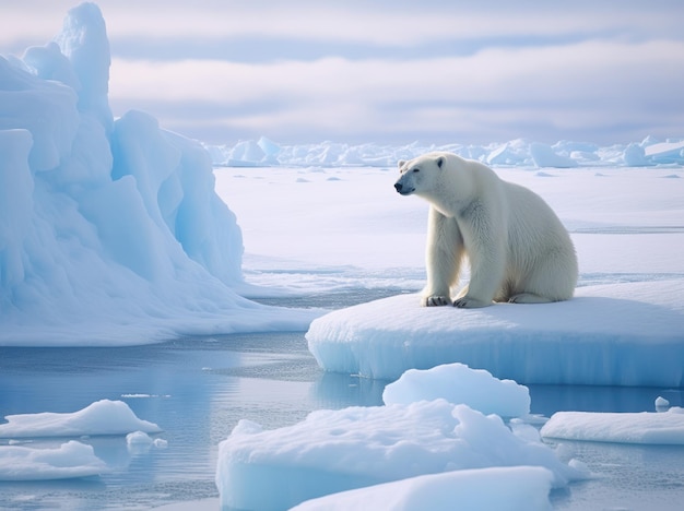 Fotografía del oso polar en el paisaje del iceberg antártico