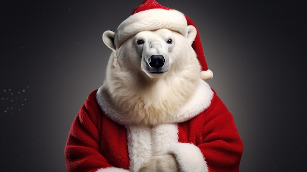 una fotografía de un oso polar vestido con traje y sombrero de Papá Noel para la celebración navideña