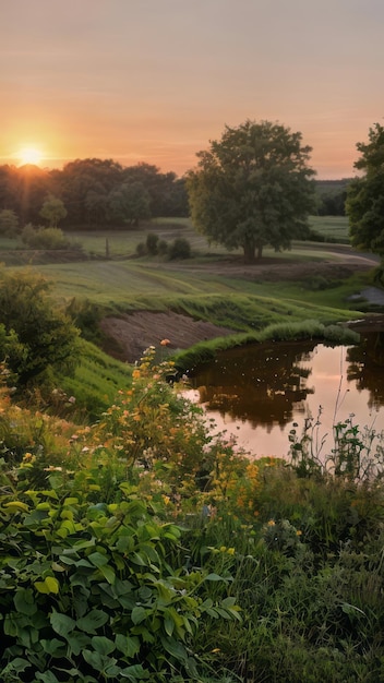 fotografía de paisaje de amanecer de un campo con árboles