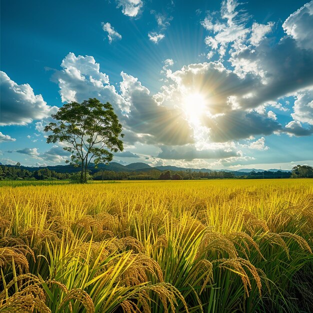 Foto una fotografía de paisaje de un campo de arroz dorado