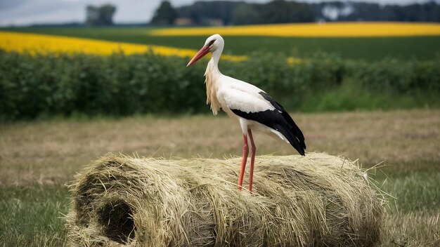 Fotografía de un paisaje de una cigüeña en un rollo de heno en un campo en Francia