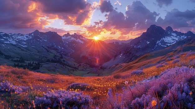 Una fotografía de paisaje de una cordillera al atardecer capturada con una lente de gran ángulo