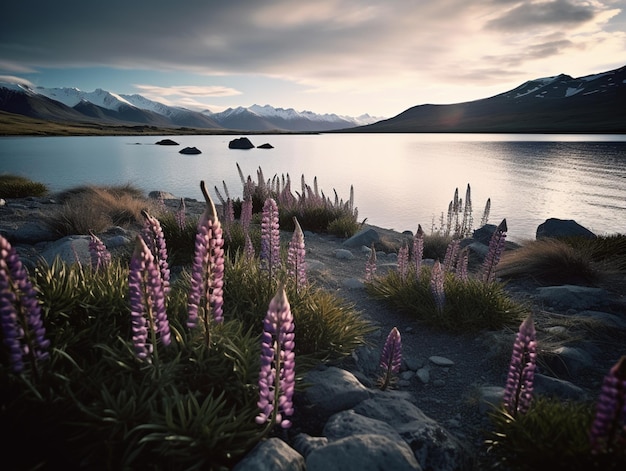 Una fotografía de paisaje de un lago con una cadena montañosa al fondo.