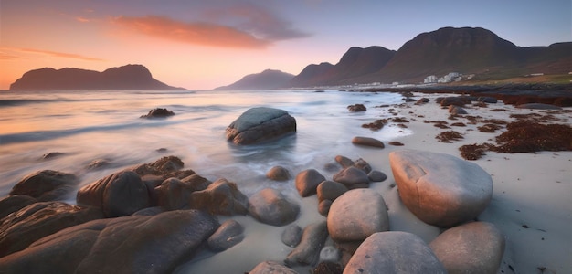 Una fotografía de paisaje de una playa rocosa con montañas al fondo.