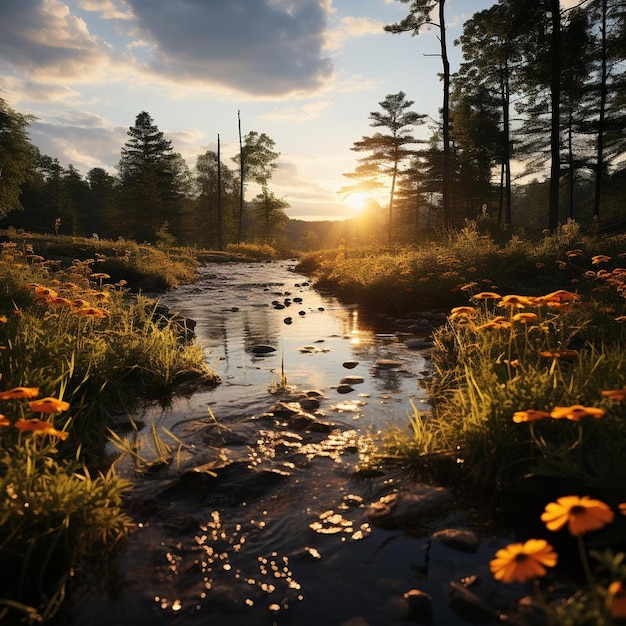 Fotografía de un paisaje soleado de brillo dorado