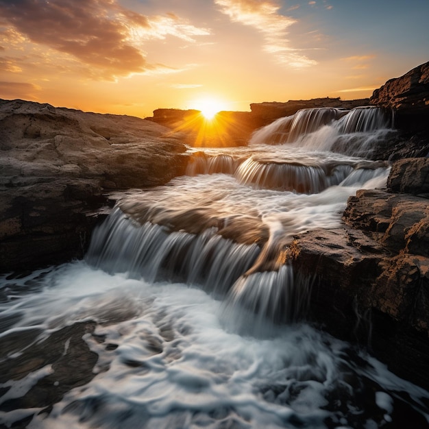 La fotografía de paisajes captura la majestuosa belleza de una cascada iluminada por el cálido