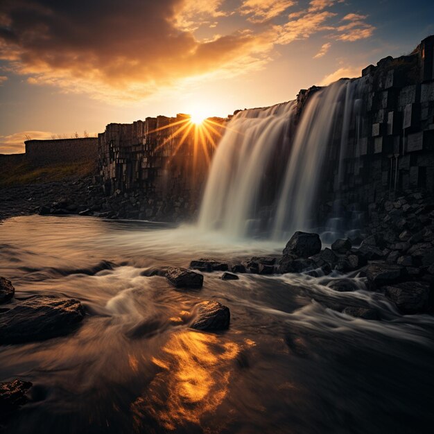 La fotografía de paisajes captura la majestuosa belleza de una cascada iluminada por el cálido