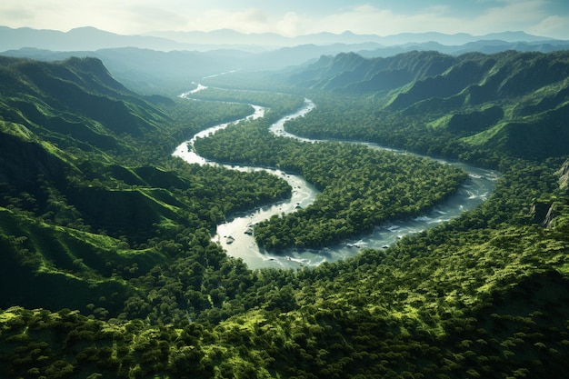 Fotografía de paisajes de selvas tropicales con ríos serpenteantes