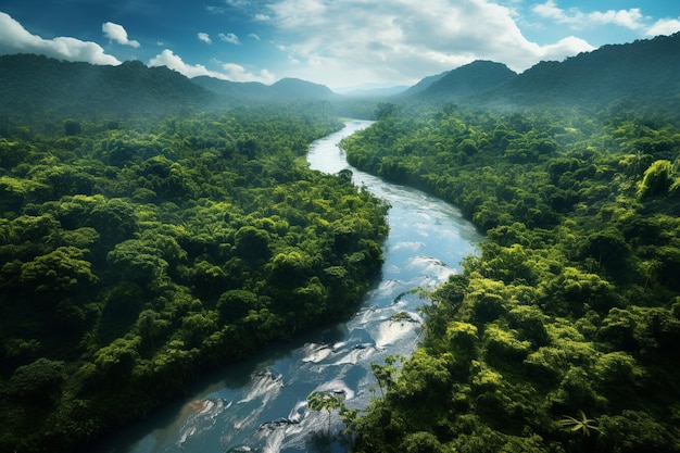 Fotografía de paisajes de selvas tropicales con ríos serpenteantes