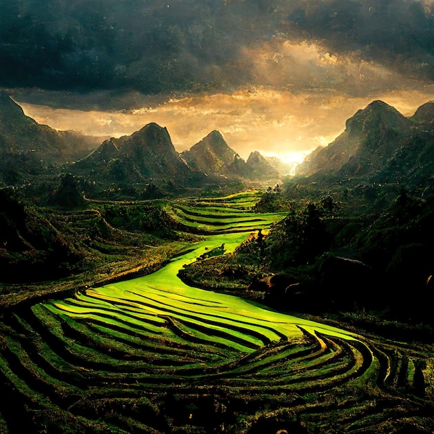 Fotografía paisajística de campos en terrazas en Vietnam en un mundo surrealista. la luz es increible