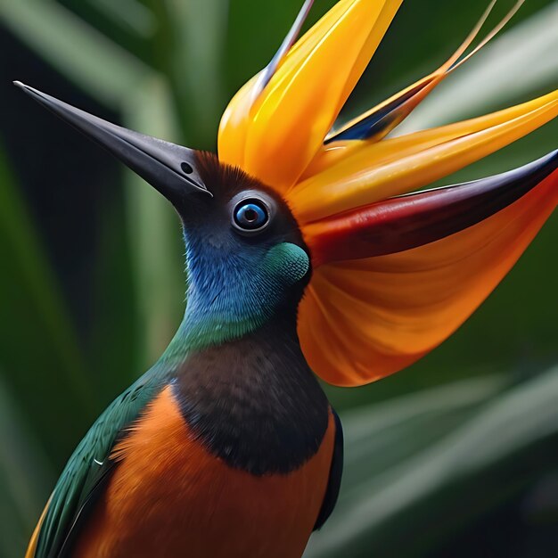 Foto fotografía de un pájaro del paraíso en color con altos detalles generada por ia