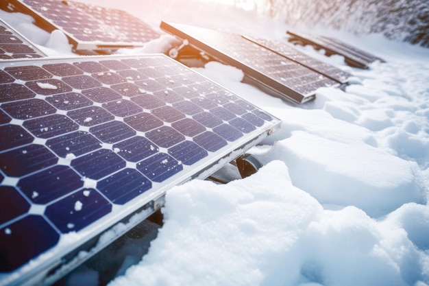 Una fotografía de paneles solares cubiertos de nieve que subraya el desafío de mantener la producción de energía a partir de sistemas fotovoltaicos durante el invierno.