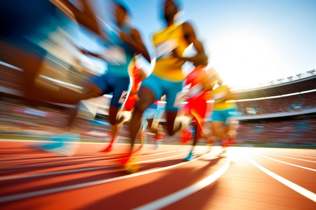 Foto fotografía panorámica de atletas corriendo en una pista olímpica