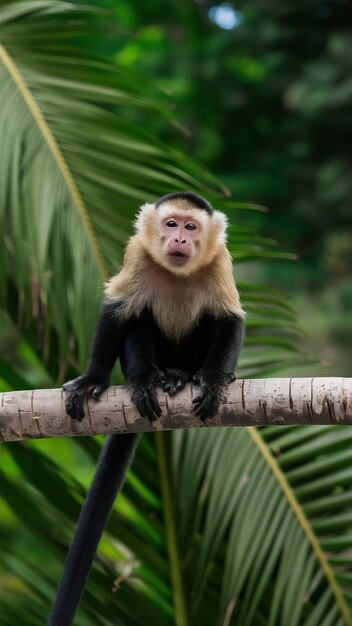 Foto fotografia panorâmica de um macaco capuchinho sentado preguiçosamente em um longo galho de palmeira