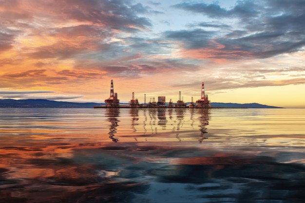 Fotografia panorâmica de várias plataformas petrolíferas no horizonte criada com IA gerativa