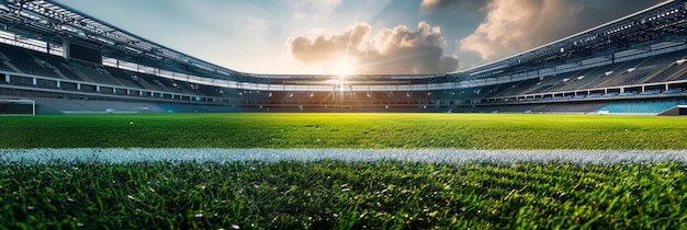 Foto fotografia panorâmica do estádio de futebol vazio com foco no campo de grama meticulosamente mantido ai gerativa