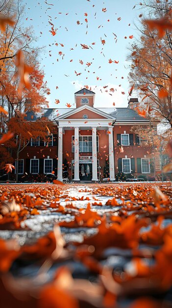 Fotografía panorámica del edificio de la universidad en otoño Perspectiva desde la superficie del suelo