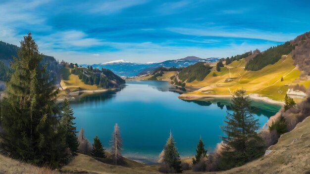 Fotografía panorámica del Filzalmsee rodeado de colinas cubiertas de vegetación en Austria