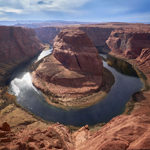 Foto fotografía panorámica del parque estatal horseshoe bend, área recreativa nacional glen canyon, utah. dos fotografías panorámicas.