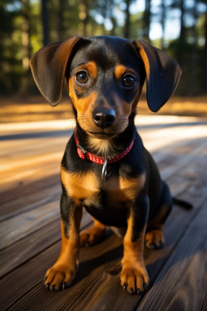 Fotografía panorámica de un perro Dachshund dentro de una casa generada por IA