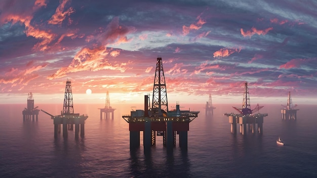 Fotografía panorámica de plataformas petroleras en el mar con una hermosa puesta de sol